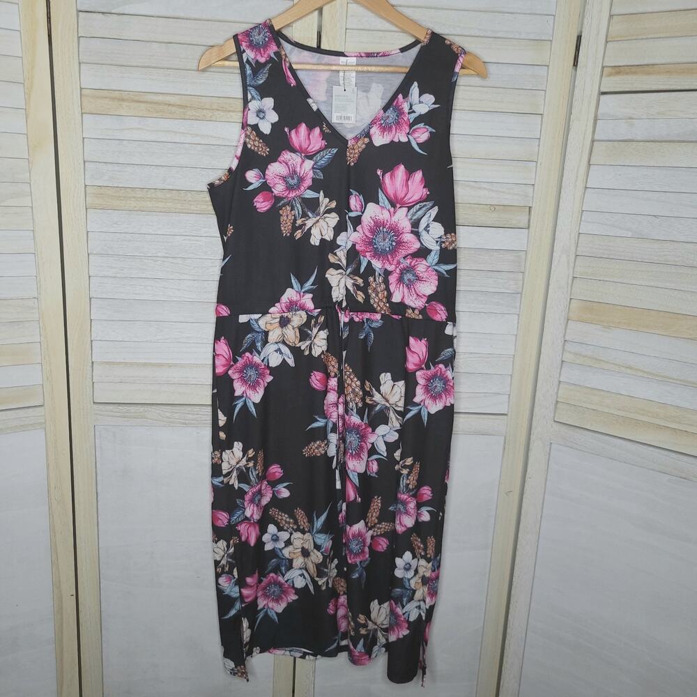 💛3/$15 New West Loop Women's Black Floral Sleeveless Summer Dress Large Pink